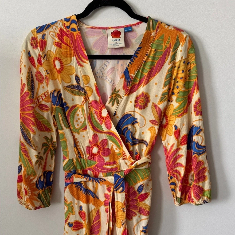 Farm Rio Long-Sleeve V-Neck Wrap Midi Dress Size S